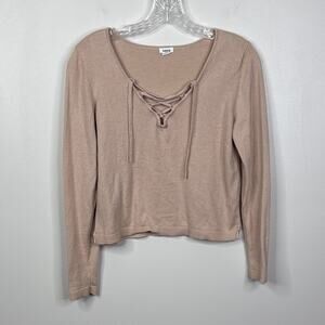 Garage Tan Lace Up Front Sweater Women's Size Medium M Pullover Boho Cotton Knit